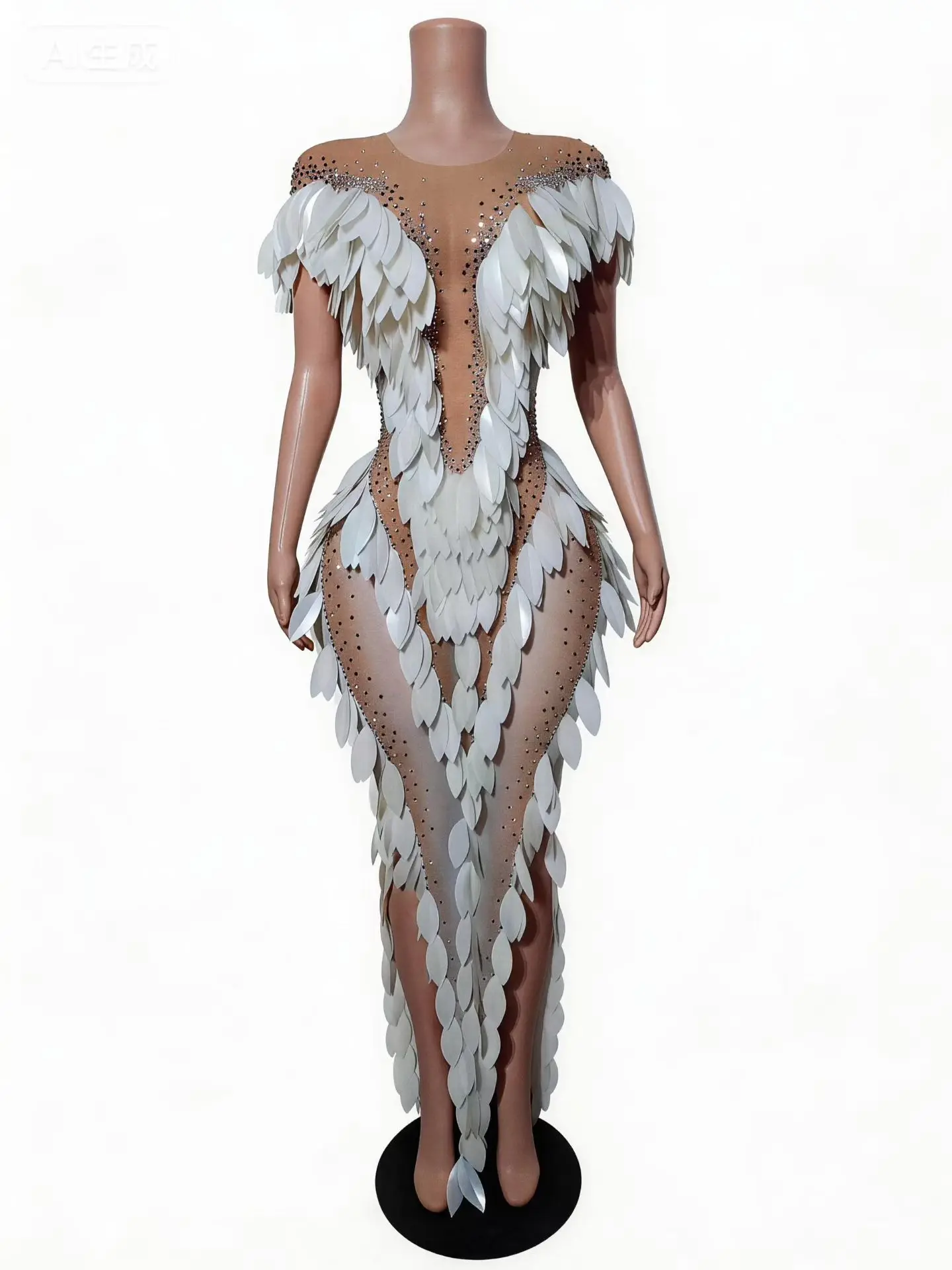 

Mobai Luxury White Feather Rhinestone Embellished Sheer Mesh Mermaid Gown for Burlesque Cabaret Stage Performances