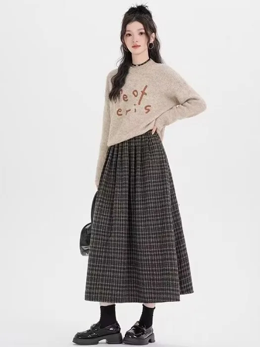Jupe en laine à carreaux taille haute pour femme, mi-longue, ligne a, Vintage, décontractée, féerique, nouvelle collection automne hiver