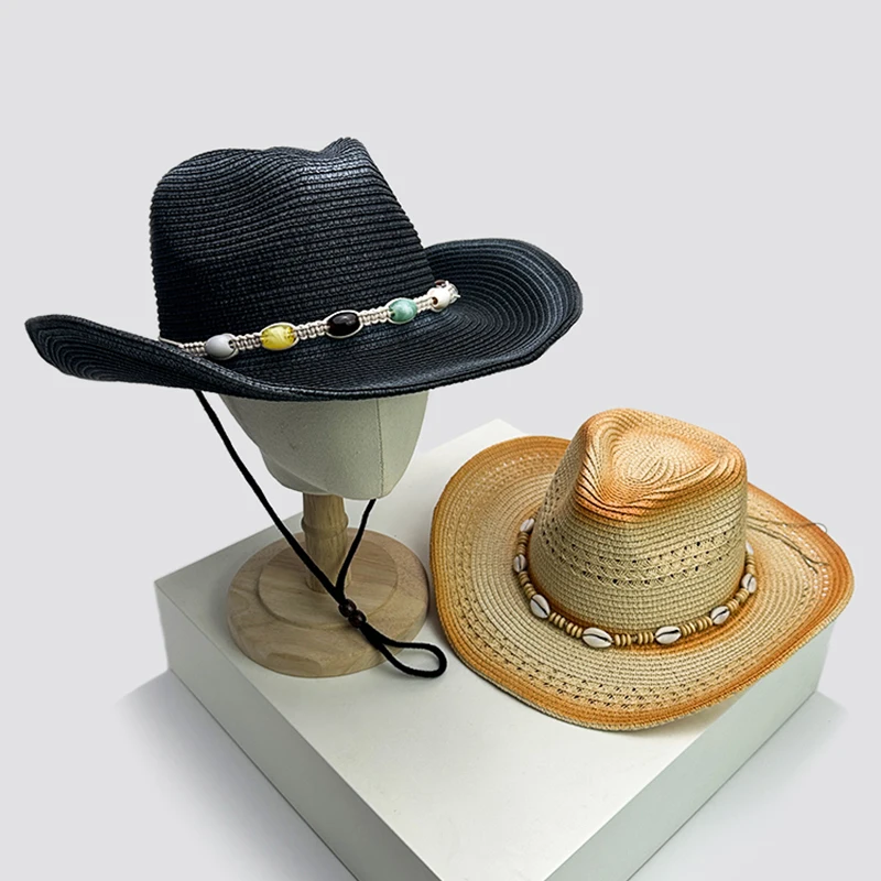 

New Unisex Gradient Retro Cowboy Hats Jazz Hollow Out Outdoor Travel Shell Beach Sunshade Straw Wove Caps Versatile Foldable ins