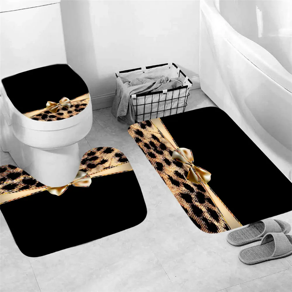 Shower Bathroom Mat Luxury Black Non Slip Mug Carpet Modern Flower Toilet Seat Lip Cover Bath Home Decor Accessories 3pcs
