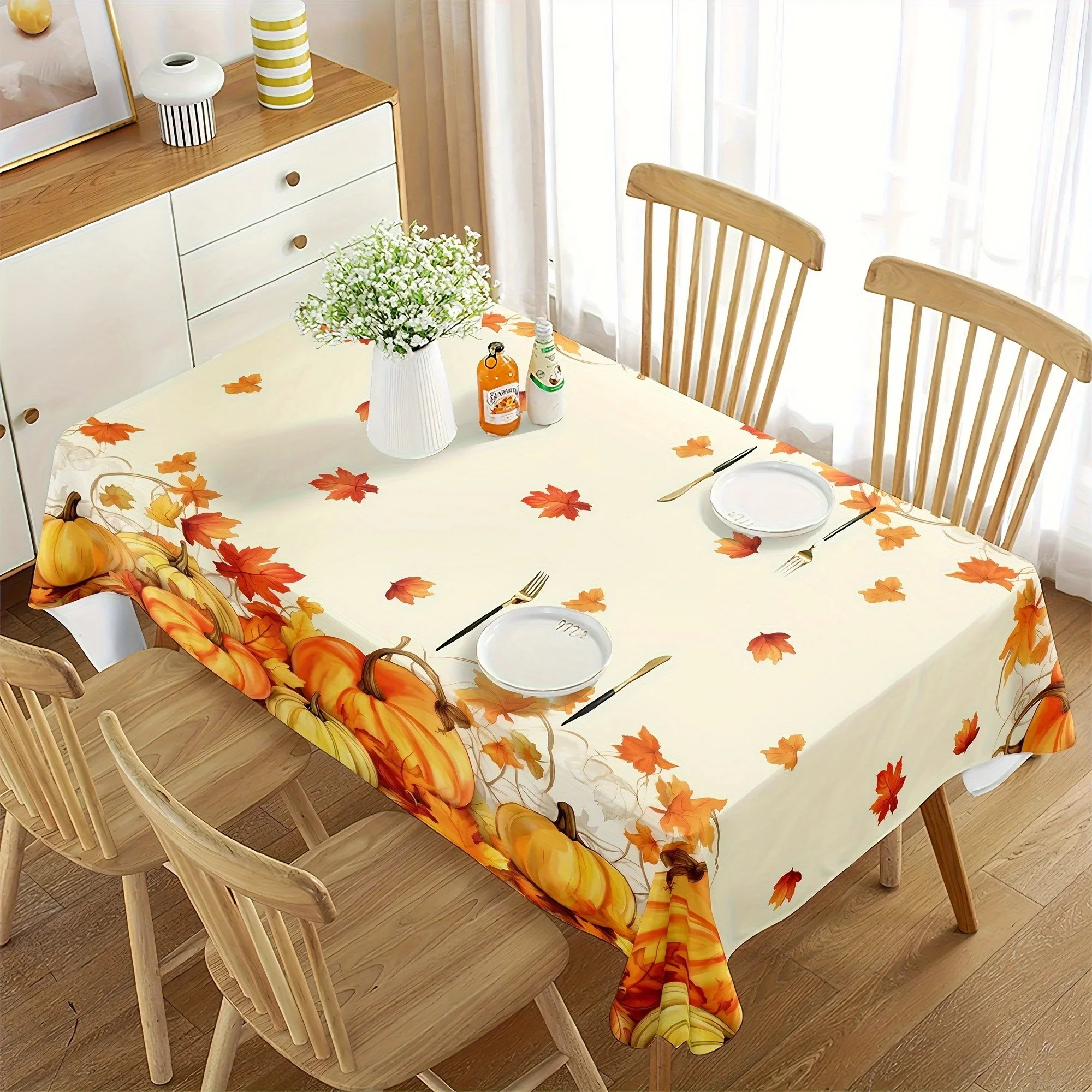 1 piece of autumn pumpkin and maple leaf tablecloth, creating a cozy atmosphere. Polyester fiber tablecloth.xzj