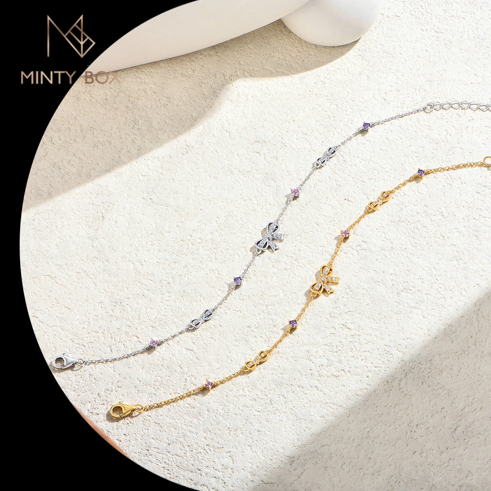 

MINTYBOX S925 Sterling Silver Bow Moissanite Bracelets for Women D VVS1 Diamond 18k Gold Plated Wedding Fine Jewelry Gift