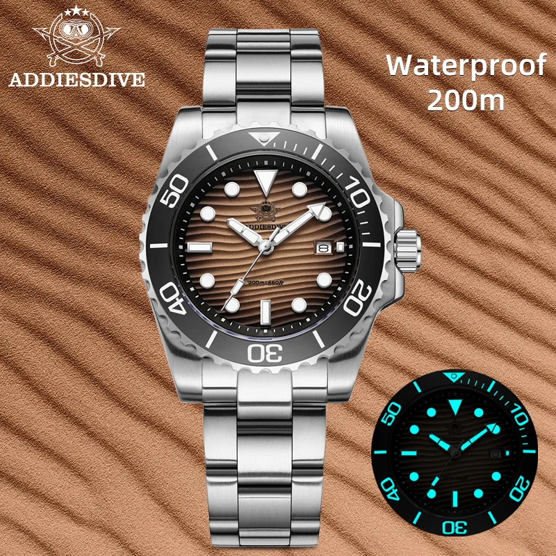 

ADDIESDIVE New Men Watch Luxury Desert Dial 200m Diving Quartz Watch Waterproof 316L Stainless Steel Luminous 41mm Wristwatches
