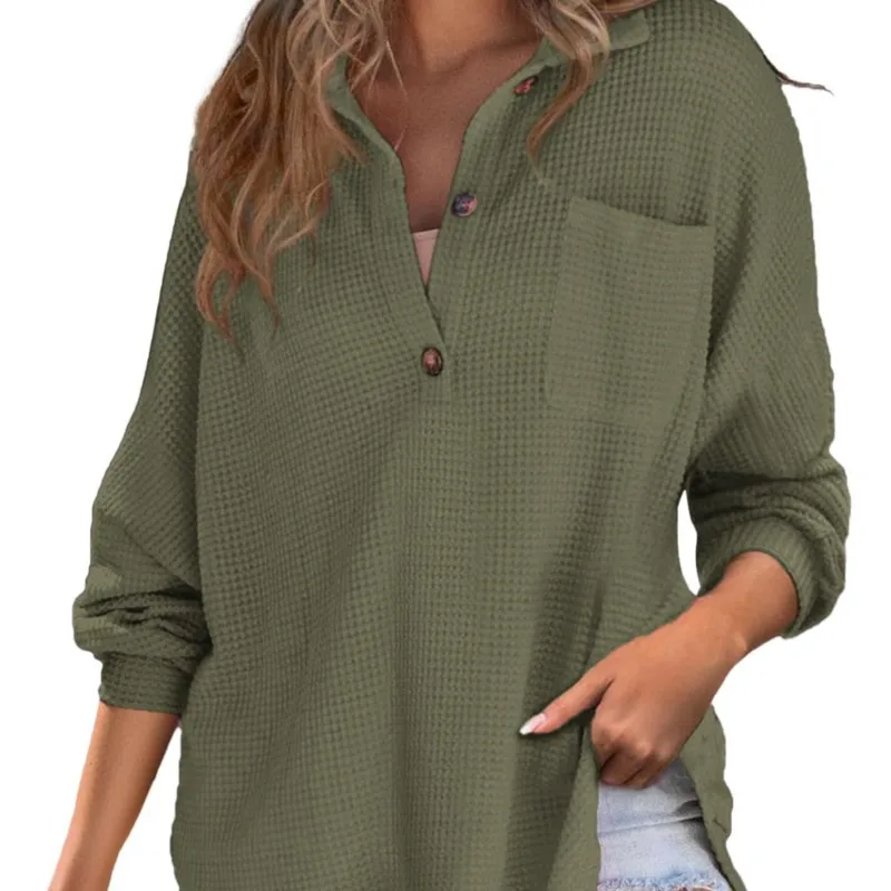 

Women's New Autumn Winter Fashion Waffle Knit Top Casual Long Sleeved Button Solid Color Shirt With Pockets Blusas De Mujer
