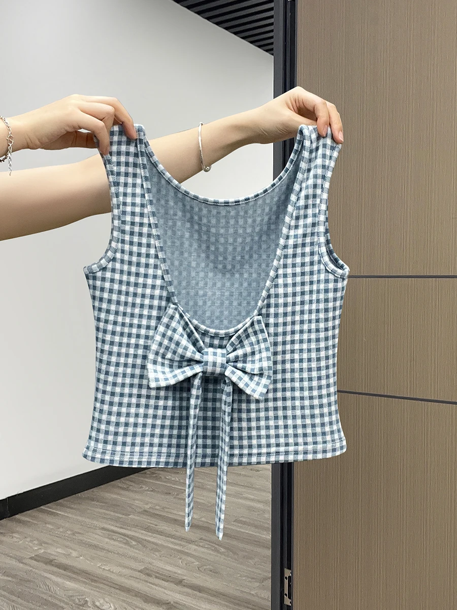 Hot Girl Sexy Bow Exposes Beautiful Back Camisole Women's 2024 Summer Plaid Sleeveless Short Slim Suspender Tops Female Clothing