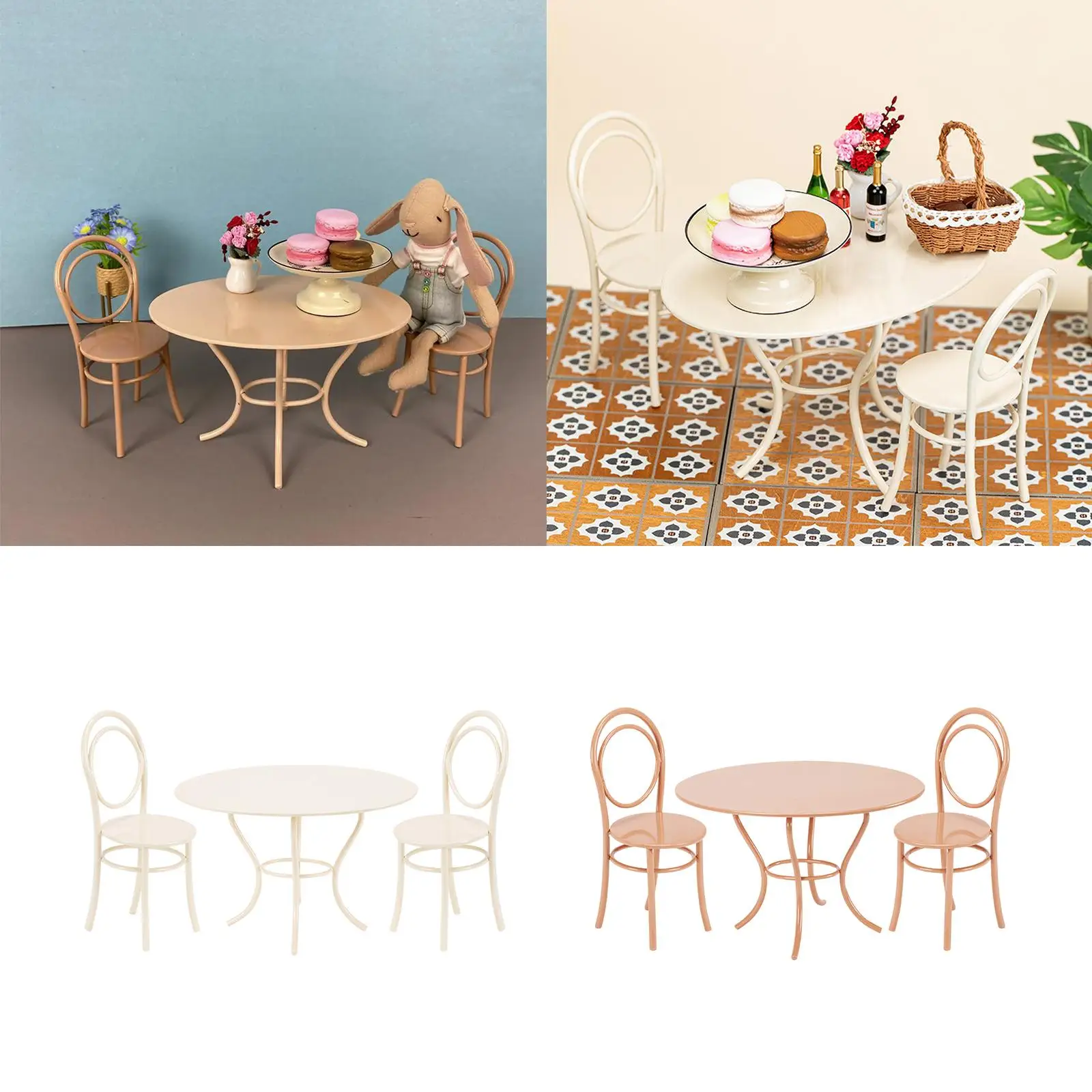 3 個のドールハウス ガーデン テーブル チェア セット DIY クラフト 素朴な 1/12 スケール マイクロ用