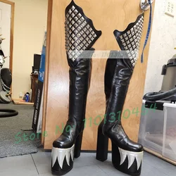 Black Knee High Platform Demon Boots Men Women Sexy Chic Silver Flame Design Metal Rivets Shoes Ladies New Cosplay Biker Boots