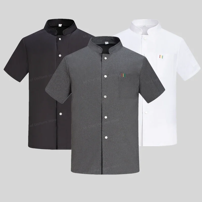 Schwarze Kurzarm Kochjacke Herren Küchenkochmantel Atmungsaktive Mesh Kochuniform mit Schürze Restaurant Arbeitskleidung individuell