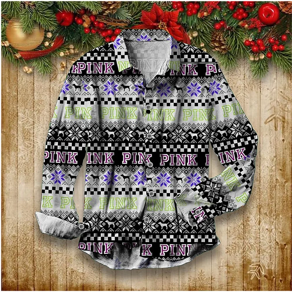 

New Trendy Men's Party Style Christmas Letter 3D Printed Shirt Long Sleeve Button Collar Shirt Fashion New Year Christmas Shirt