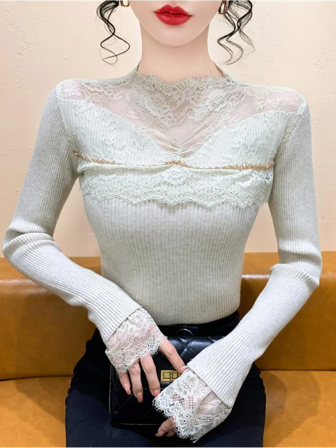 Damen f-High Collar Long Sve Gestrickte irt Diamant Stickerei Spitze Spleißen Slim Fit Basis irt Herbst Winter Schwere Arbeit