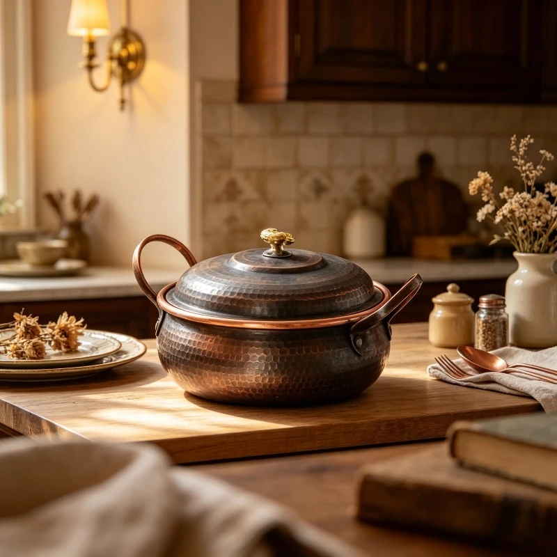 Handmade Hammered Copper Stockpot, Japanese Retro Soup Pan, Non Stick Family Hot Pot Cooker, Vintage Stew Kettle for Home Use