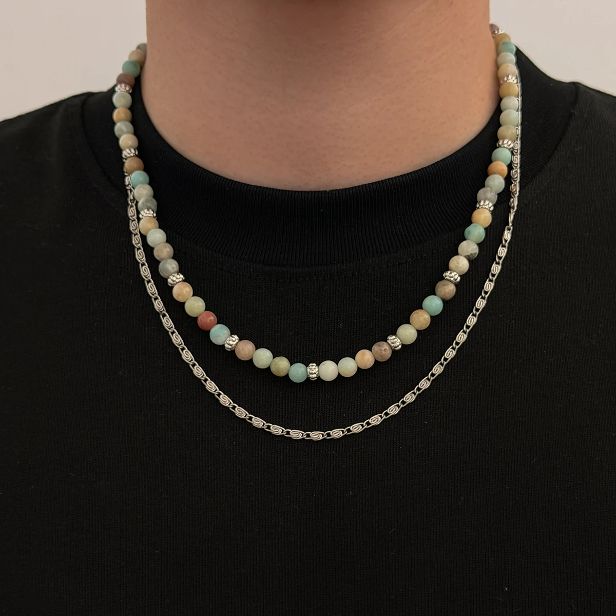 Ingemark 2Pcs/Set Exquisite Acrylic Stone Beads Chokers Necklace Men Trendy Creative Clavicle Metal Chain Couple Jewely Gifts