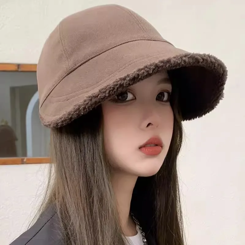 Winter Double-sided Wearing Bucket Hat for Women Lamb Wool Hat Solid Fleece Warm Fisherman Hats Female Casual Basin Caps 2023