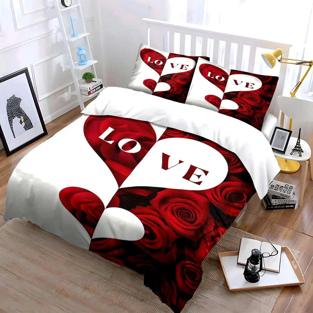 

3PC (1 Duvet Cover + 2 Pillowcases) High-Definition Printed Red And White Heart Roses with Letters,Suitable for Home＆Dorm Use