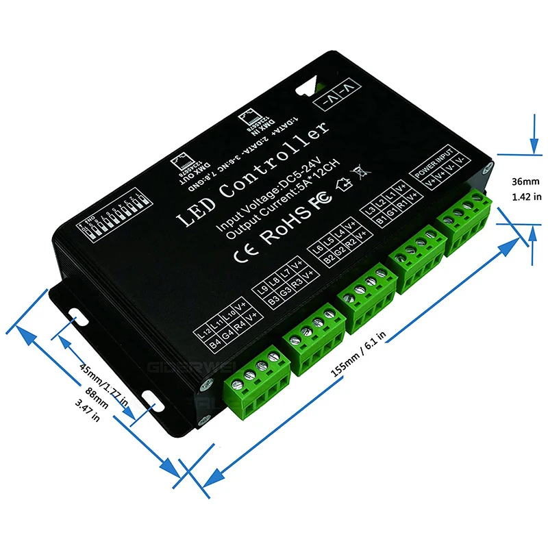 12 Channel DMX Decoder RGB LED Controller 60A PWM DMX512 Dimmer Driver For RGB LED Strip And LED Module Light DC12V-24V