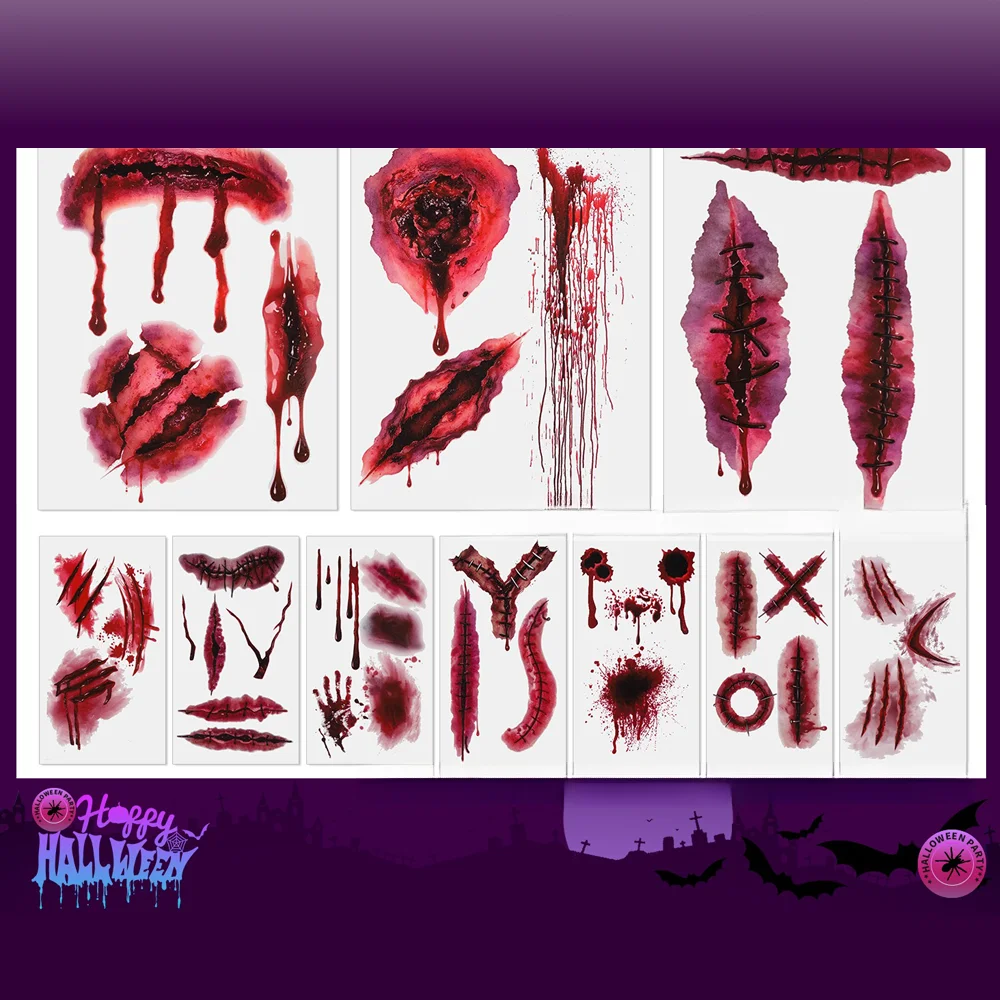 6 Pcs Halloween Scar Tattoos, Realistic Fake Wound Blood Temporary Tattoos, Assorted Styles Zombie Makeup Stickers for Costume Party