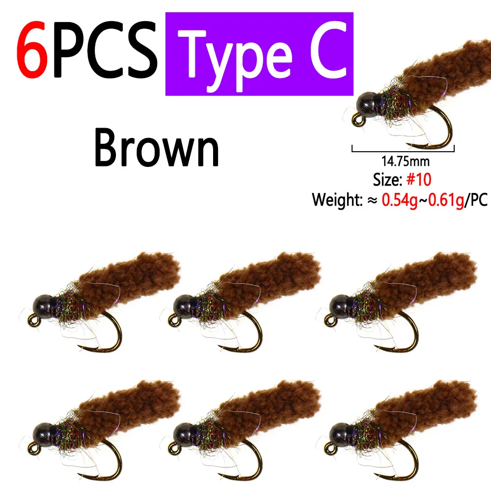Bimoo 6 Stück Messing-/Wolfram-Kugelkopf-Mop-Fliegen, künstliche Kranichfliegen, Caddis-Larven, Nass-Jig-Nymphenfliegen für Forellen- und Fischgrälfischerei