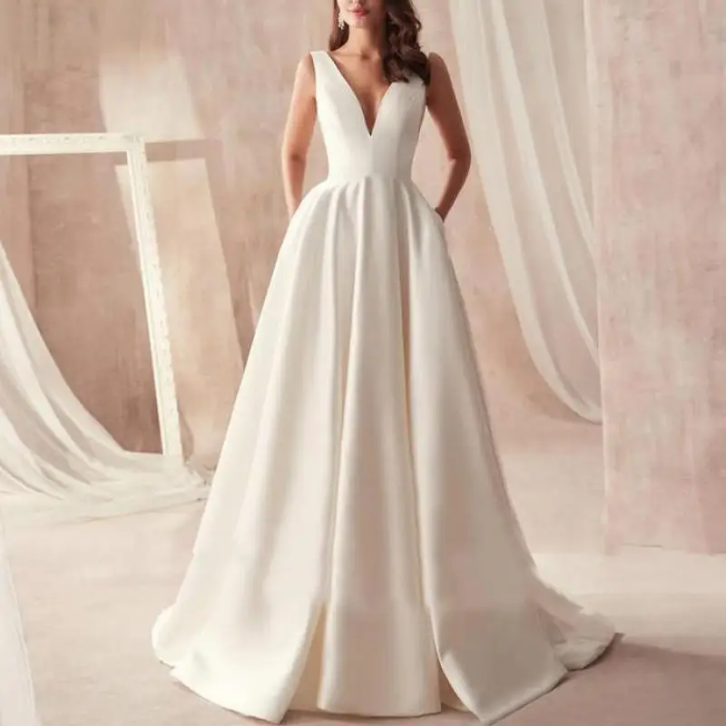 Vestido De novia con escote en V profundo y espalda descubierta para mujer, vestido De novia De satén con tren, Sexy vestido De novia, vestido De línea A Simple y elegante, nuevo