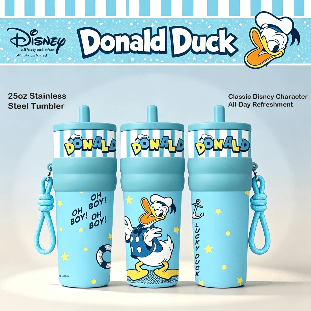 1pc 25oz Disney Donald Duck Stainless Steel Tumbler Insulated Travel Mug with Straw Hanging Rope Portable Cup for Car Outdoor