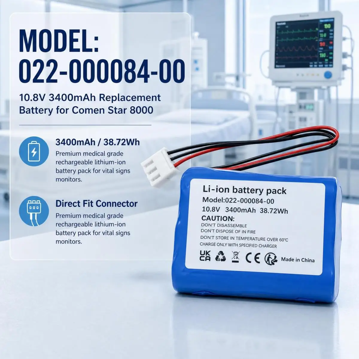 022-000084-00 10.8V 3400mAh Li-ion Rechargeable Replacement Battery Pack for Comen Star 8000 Vital Signs Patient Monitor