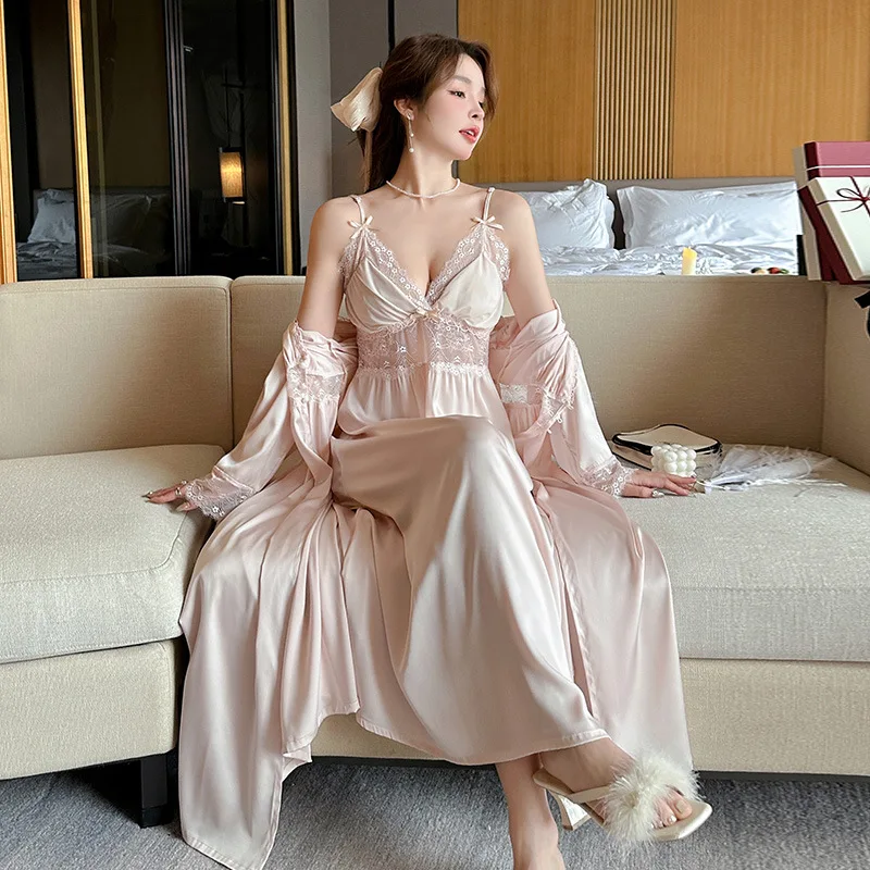 Spring Autumn Female Sleepwear Long Nighty&Robe Set Nightgown Sexy Lace Suspender Nightdress Intimate Lingerie Satin Homewear