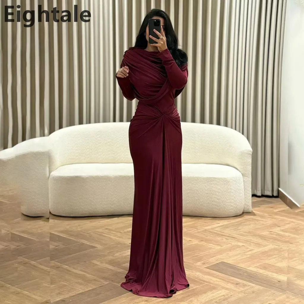 

Eightale 2025 Arabic Burgundy Mermaid Evening Dress Long Sleeve Pleat Customized Prom Gown Muslim Party Dress robe de soiree
