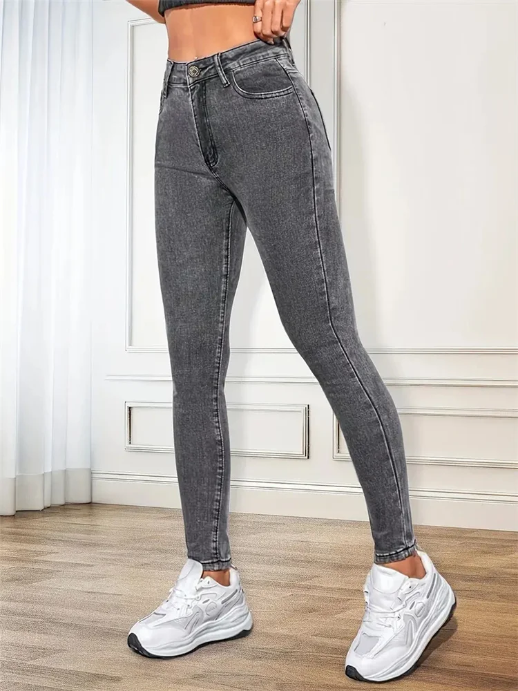 2024 Women Stretch Skinny Jeans Lady Slim Fit Classic Pencil Jeans Girls Leggings Straight Leg Pants Blue Gray Simple Trousers