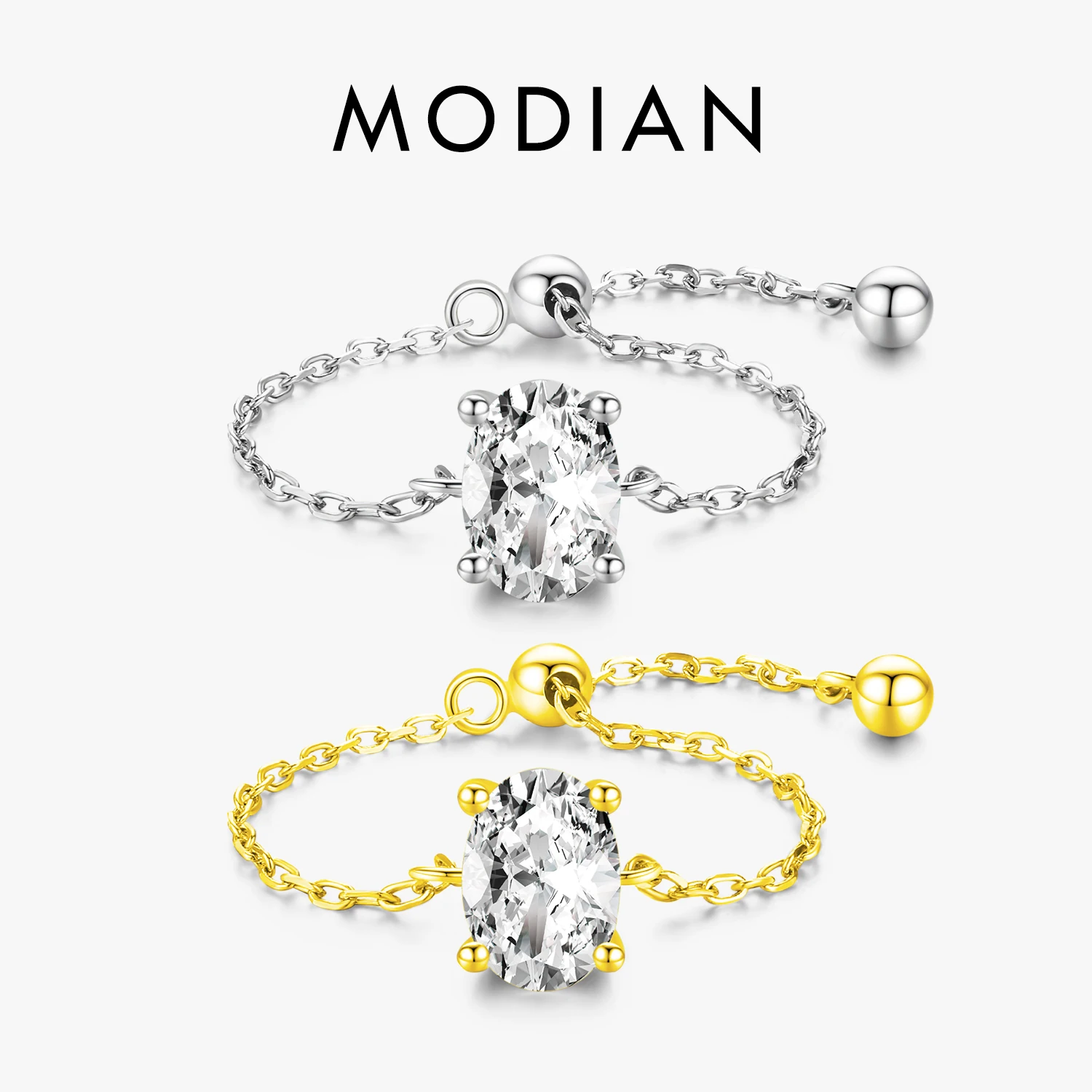 Modian 100% prawdziwe 925 Sterling Silver owalny cyrkon damski pierścionek regulowany łańcuszek Link Rings dla kobiet biżuteria ślubna na prezent
