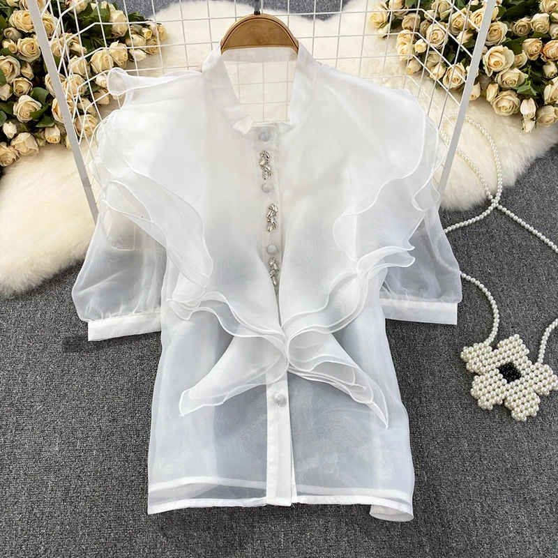 Women Sexy See Through Beautiful Blouses 2023 Summe Short Sleeve Organza Ruff Shirts Female Shirts and Blouse Top Free Clothing