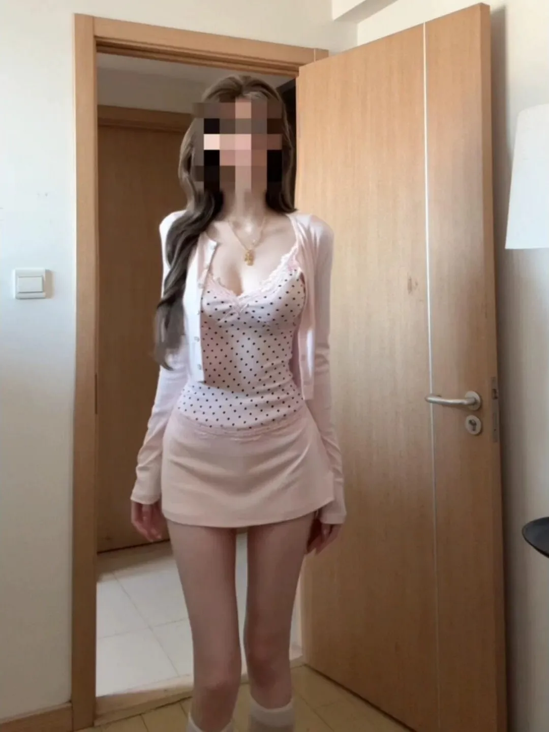 Sexy Spicy Girl Set Women's Summer Small Size Pink Open Cardigan Strap Polka Dot Top Half Skirt Three Piece Set High Waist