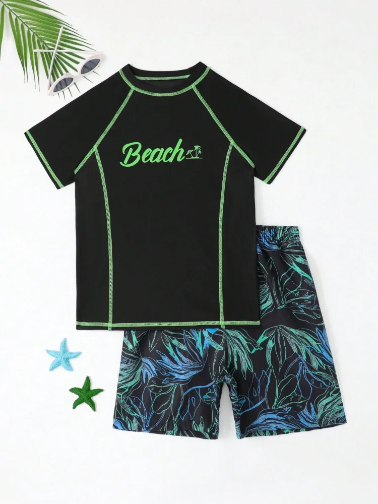 Boy Kids Swimsuit 2026 New Black Print Short Sleeve Children Swimwear Summer Two Piece Shorts Beach Wear Bathing Suit Swimming