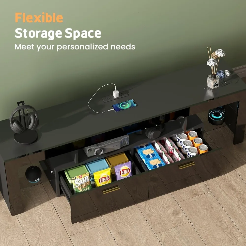 "حامل تلفزيون LED مقاس 75 بوصة مع مخرج طاقة مدمج وأدراج تخزين - مركز ترفيه حديث لغرفة المعيشة"