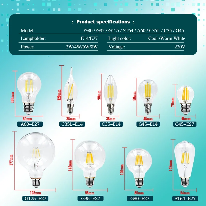 4pcs/lot Retro Edison LED Light Bulb E14 E27 AC220V 2W 4W 6W 8W Glass Vintage Filament Lampada Led Lamp Cold/Warm White Lighting