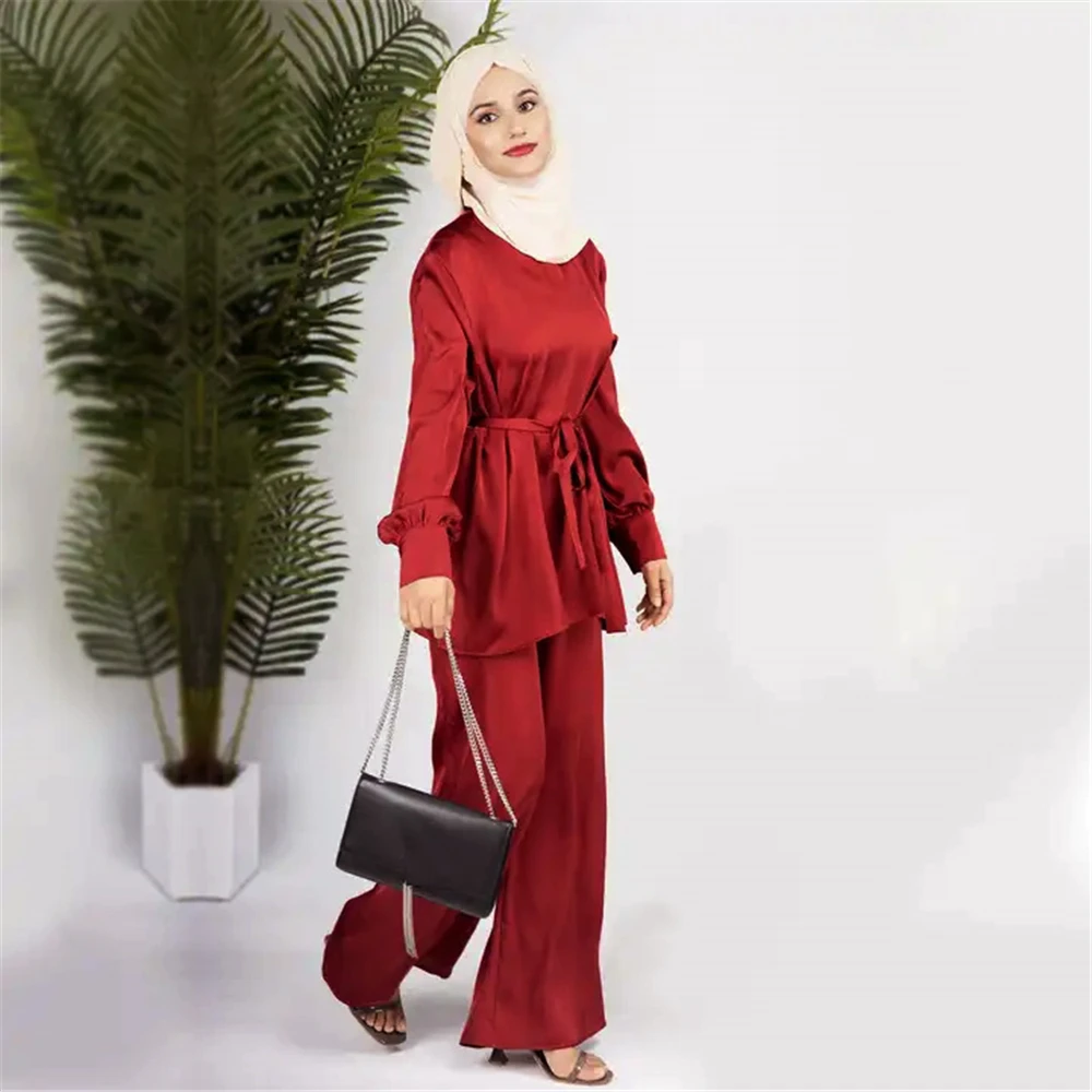 2 Piece Set Abayas Women Plain Satin Islamic Clothing Belted Tops+Long Pants Sets Ramadan Eid Muslim Dress Dubai Turkish Outfits