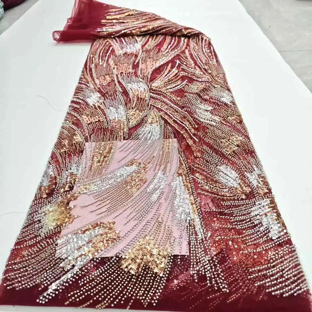 

African Lace Fabric 2025 Sequins Beaded Embroidery Groom Nigerian Bridal High Quality French Tulle Lace Fabric For Wedding