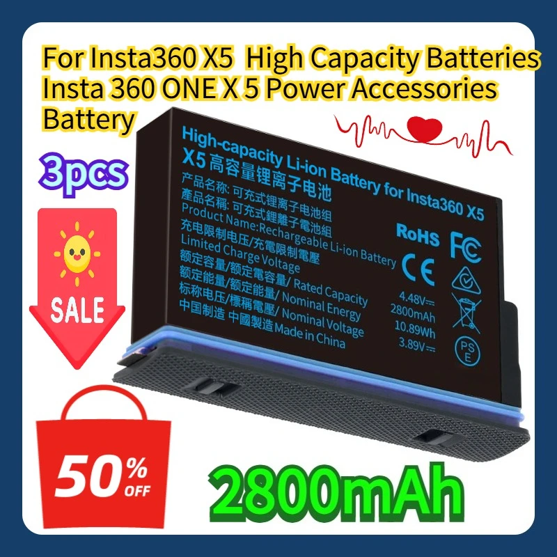 

For Insta360 X5 2800mAh High Capacity Batteries Insta 360 ONE X 5 Power Accessories Battery 3pcs