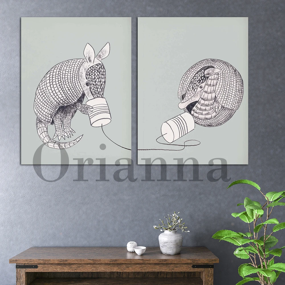 Sage Scandi Texas Armadillo Phone Funny Cute Animals Tin Can Phone Boho Wall Art Prints Posters Kids Room Nursery Decor Painting