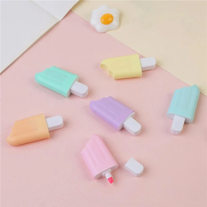 12X Kawaii Zakreślacze, Neonowe Markery, 6 Sztuk Jasnych Pisaków do Rysowania, Kształt Lodów z Kreskówek