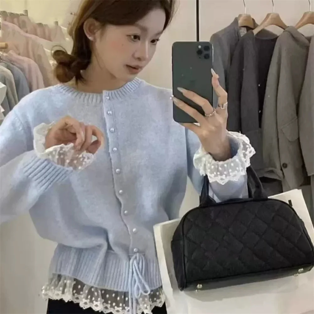 

Sweaters Pullovers Korean Style Casual Outwear Tops Knitted Sweater Women 2026 Autumn New Arrival Pearl Buttons Lace Patchwork