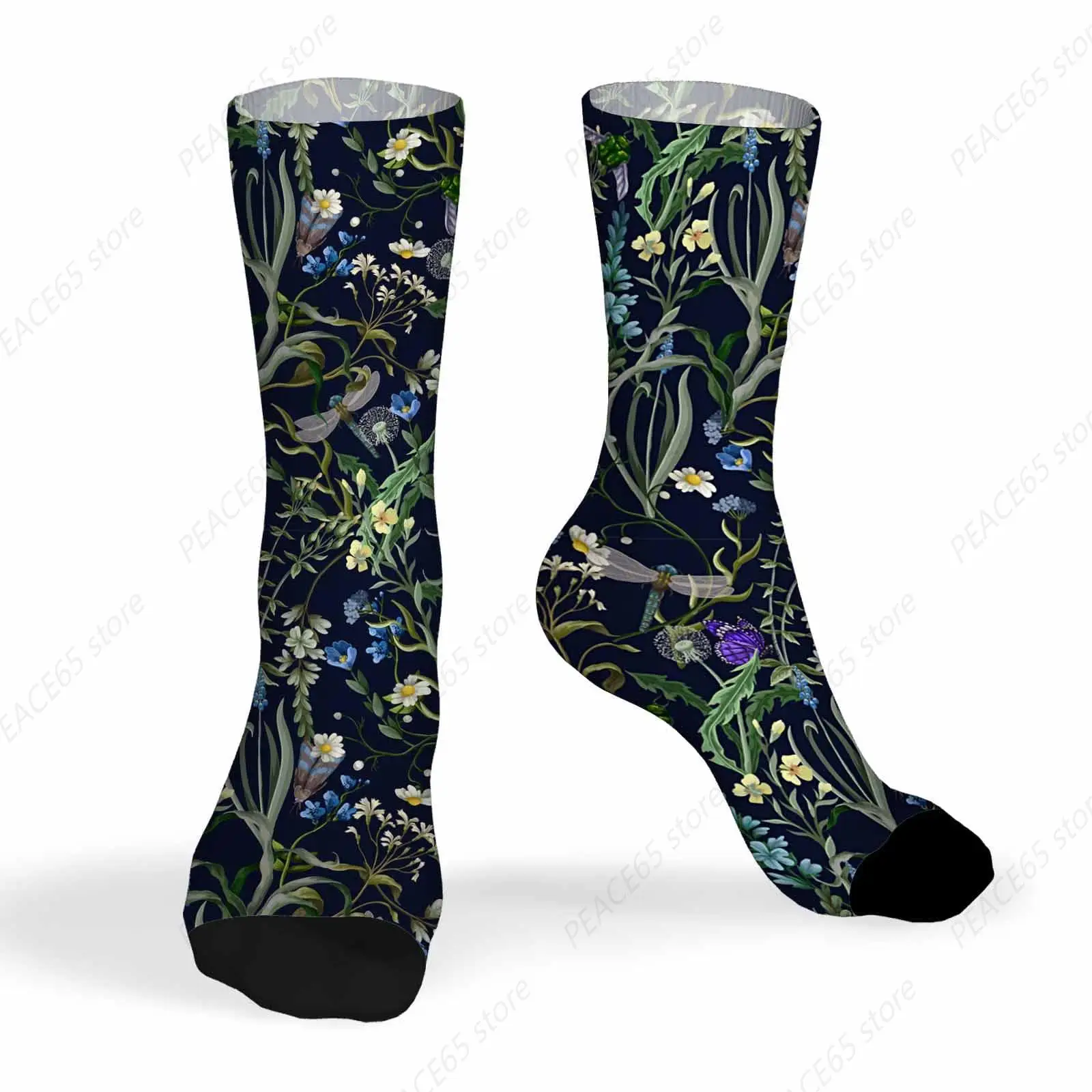 Unisex Socks Wild Flowers And Bugs Funny Socks Night Garden Dragonfly Gifts For Women Mens Novelty Crew Socks