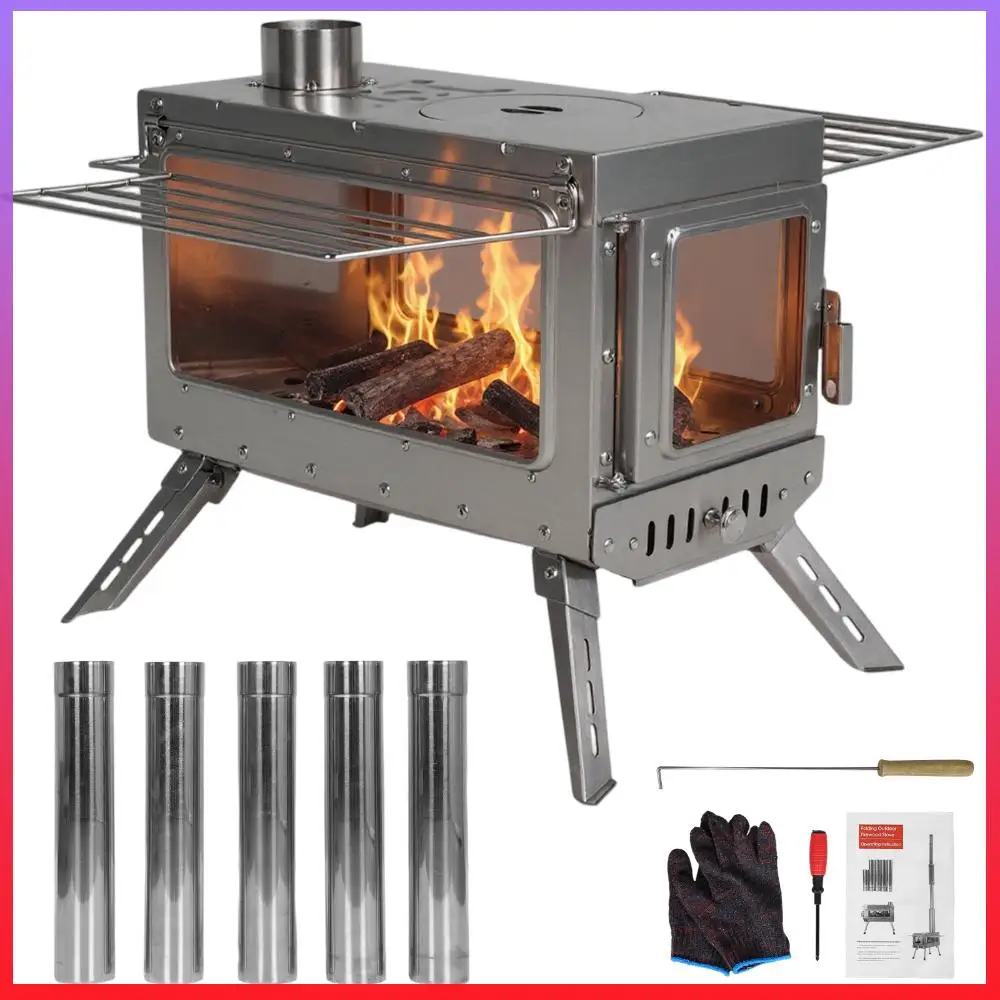 

Fire Viewing Wood Stove with Chimney Pipe Weatherproof Patio Heater Rust Proof for Tents Shelters Camping