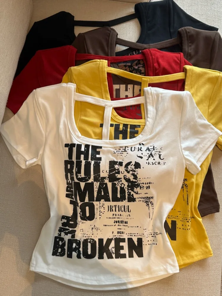 

Fashionable Hollow out Back Letter Print Short Sleeve T-Shirt Women Summer Shoulder Pad Slimming Sexy Top City Walk Polyester...