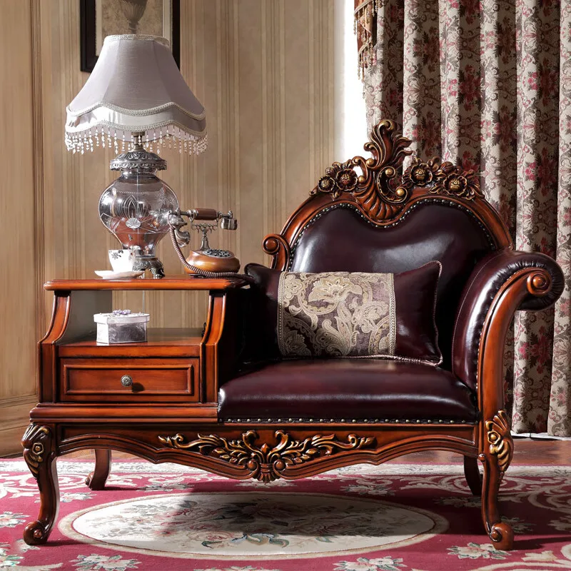 

American solid wood telephone chair European retro concubine chair bedroom leisure chair carved luxury leather s