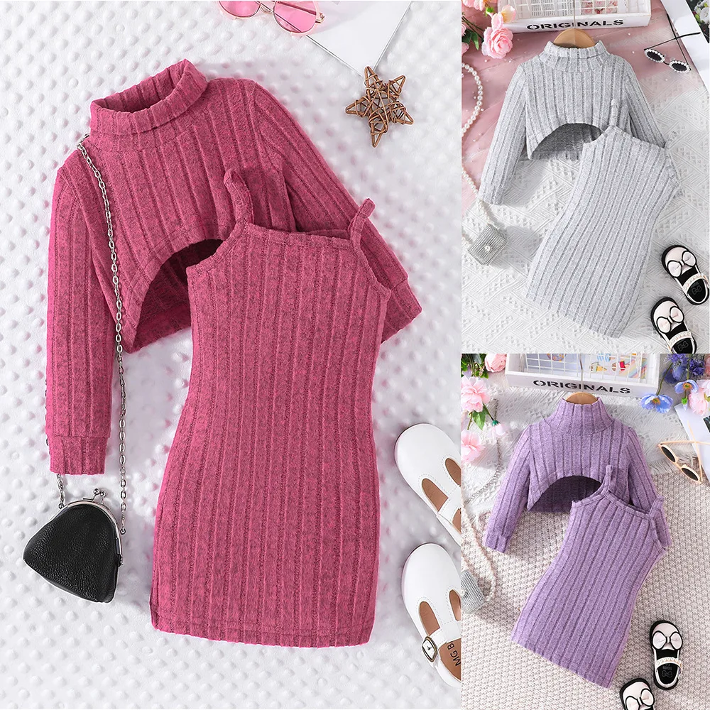 

New Winter Children Sets Cute Long Sleeve Turtleneck Sweater Purple Dress 2 Pcs Roupa Infantil Menina Clothes Sets 0-2T