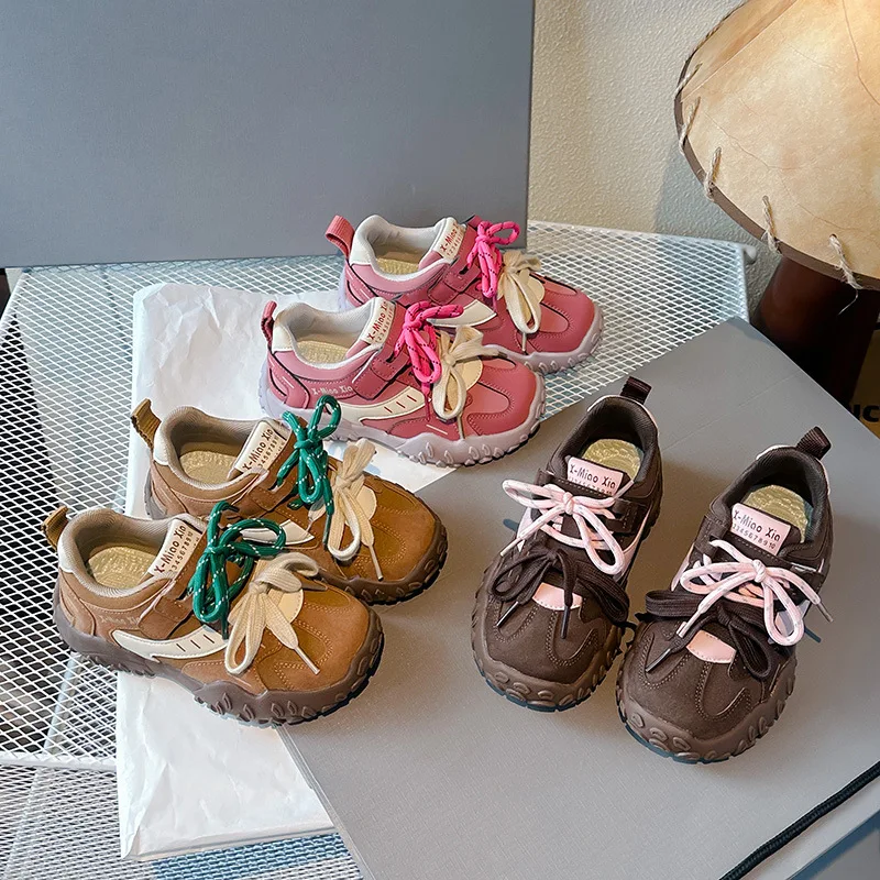 

Осенние детские кроссовки для мальчиков и девочек, новые повседневные ретро-двойные кружевные противоскользящие бархатные хлопковые туфли, детские кроссовки из натуральной кожи для малышей