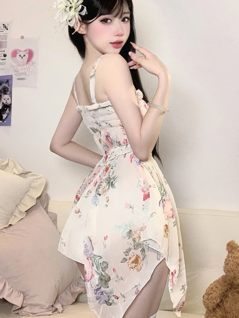 Love For Women Irregular Pure Desire Sexy Camisole Dress Sweet Floral Floral Transparent Yarn Dress Elegant Sweet Fashion TFR7