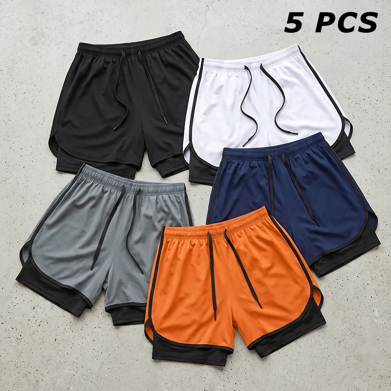 5 Piece Set Men's 2 in 1 Running Workout Shorts Gym Athletic Quick Dry Stretchy Performance Shorts with Phone Pocket Towel Loop
