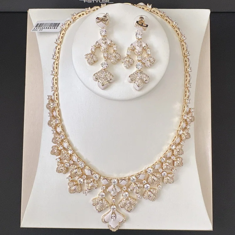 Women Gold Plated Jewelry Set Glaze Tassel Inlaid Cubic Zirconia Earrings Necklace Party Accessories