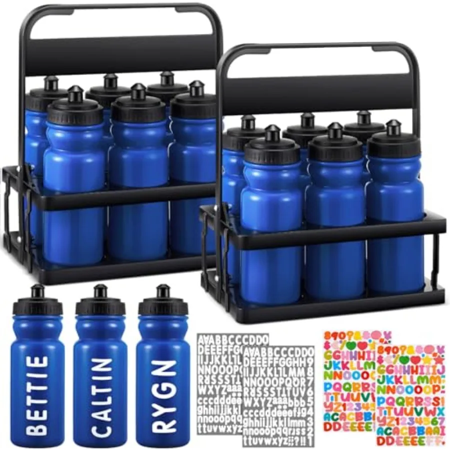 Water Bottle Carrier with 20 Oz Bottles and Stickers Plastic Wide Mouth Sports Water Bottle Squeeze Team Bottles with Lid for F