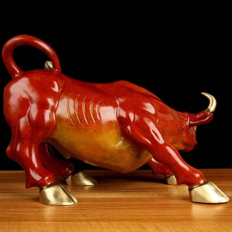 Southeast Asia high grade brass RED GOOD LUCK Wall Street Bull finance stock market cattle mascot HOME company brass statue dec